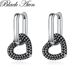 Black Awn Classic Silver Color Round Black Trendy Spinel Engagement Hoop Earrings for Women Jewelry Bijoux I317