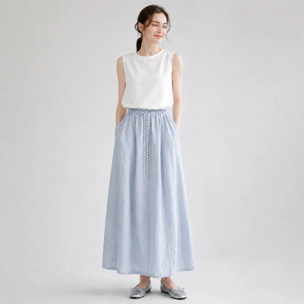 EOENKKY Women’s Lyocell Blend A-Line Maxi Skirt Summer Elastic High Waist Drawstring Long Skirt with Pockets Lining Back Slit