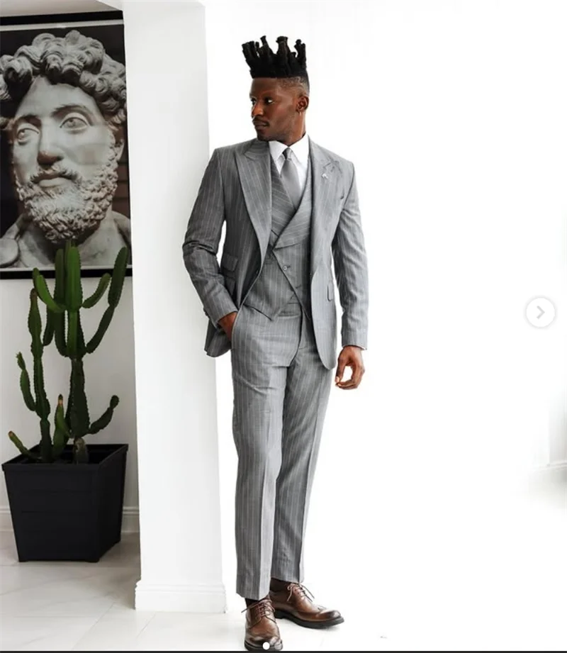 

Grey Pinstripe Men Suits Pants Set 3 Pcs Vest+Blazer+Trousers Cotton Wedding Tuxedos Prom Jacket Formal Office Business Coat