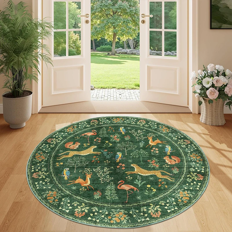Round Living Room Rug Non-slip Machine Washable Soft Floor Mat Large Size Retro Animal Print Foot Mats Home Decoration Carpet