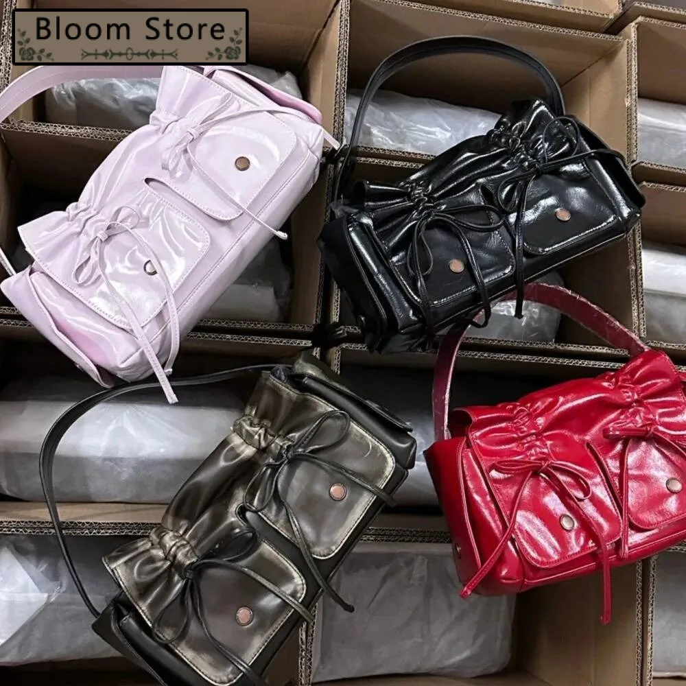 

Bloom Sweet Cool Bow Shoulder Bags Women New Vintage Soft Leather Pocket Y2k Bag Purses Female Retro Black Handbag Aesthetic