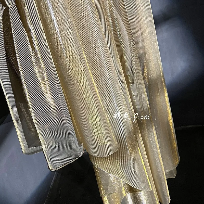 Light Gold Laser Illusion Hollowed Out Fabric Mesh Texture Mesh Dress Color Changing Perspective Hanfu Designer Fabric