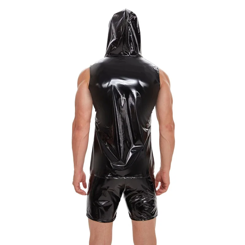 Plus Size Mens Shiny Leather Hooded Tank Top Soft PVC Leather T-Shirts Sleeveless Male Black Red Full Zipper Shaping Vest