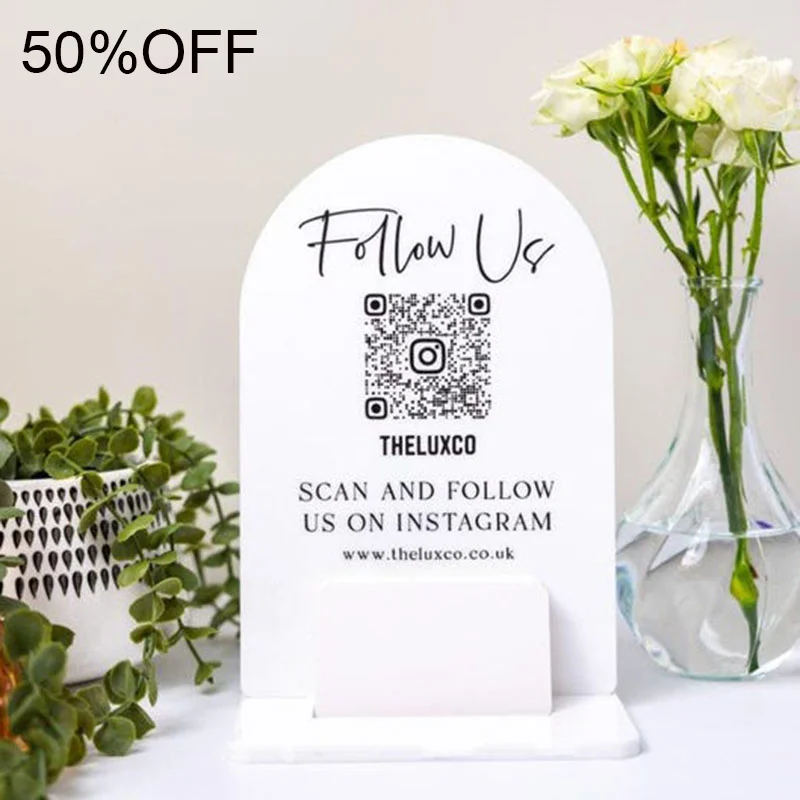 Round&Arched Follow Us Social Sign with Business Card Holder Custom QR Code for Social Media Payment Ideal for Salon Retail Shop