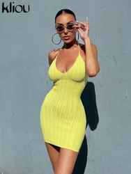 Kliou Halter Knitted Bandage Mini Dress Women Solid Sleeveless Backless Body-shaping Concise Solid Robe Lady Summer New Vestido