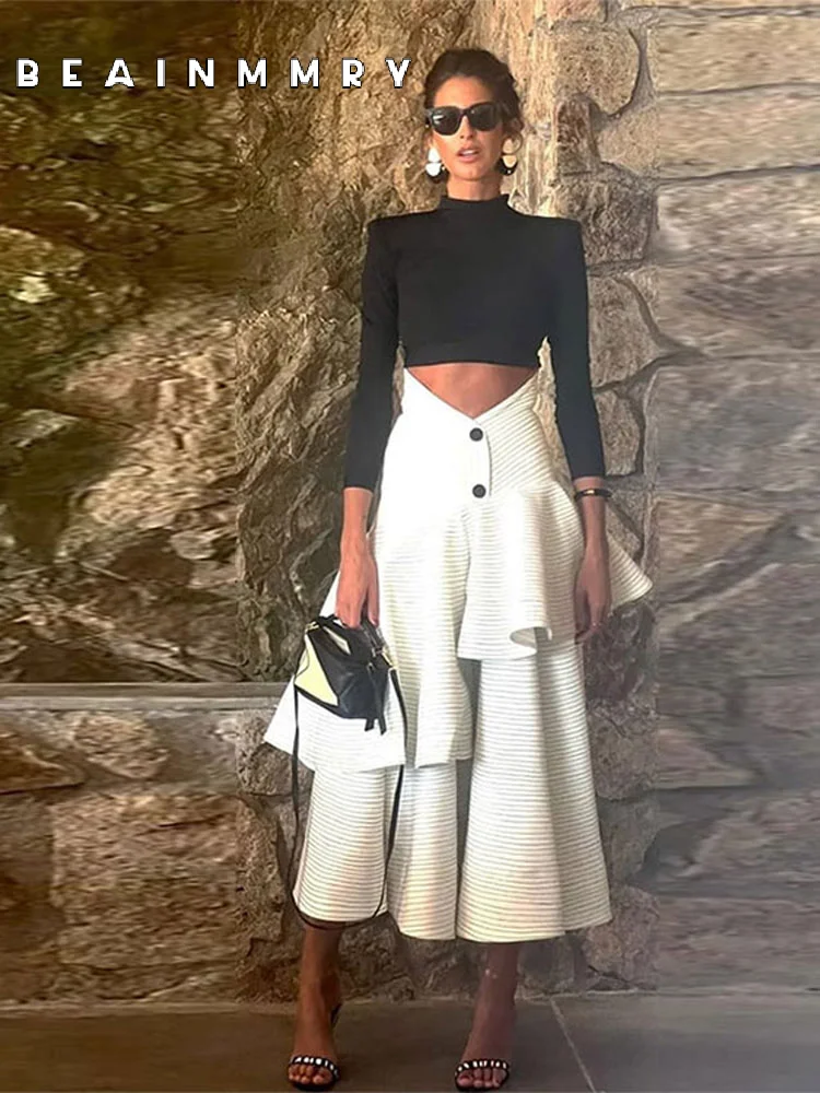 women elegant white high waist buttons ruffles long skirts set black shoulder pad full sleeve slim top set 2025 contrast outfits