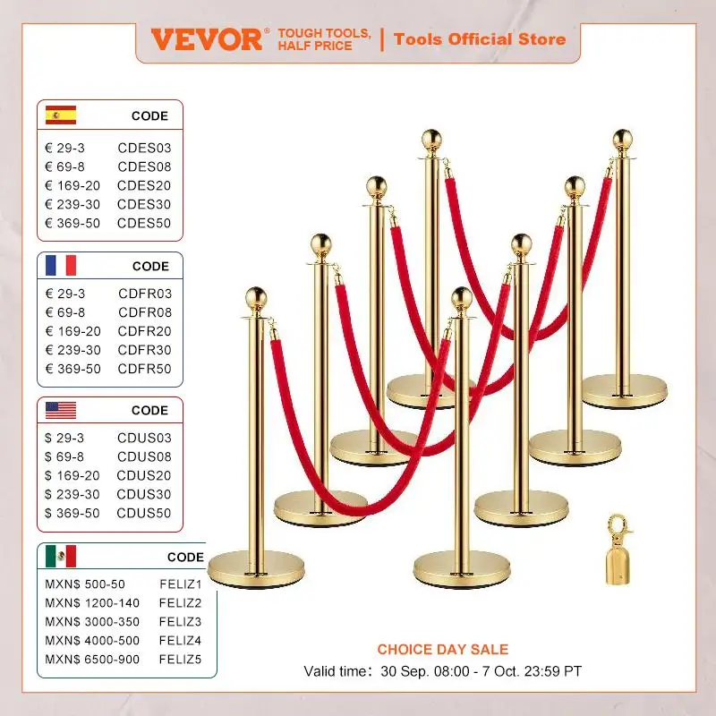 

VEVOR 35.4 Inch Gold/Silver Crowd Control Stanchion Posts Queue Red/Black Velvet Rope Line Barriers with Stable Base for Stadium