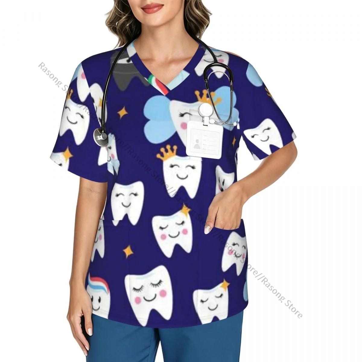 Women Scrubs Blouse Medical Nurse V-neck Clinical Scrubs Top Happy Teeth And Tooth Fairies Operating Room Work T-shirt
