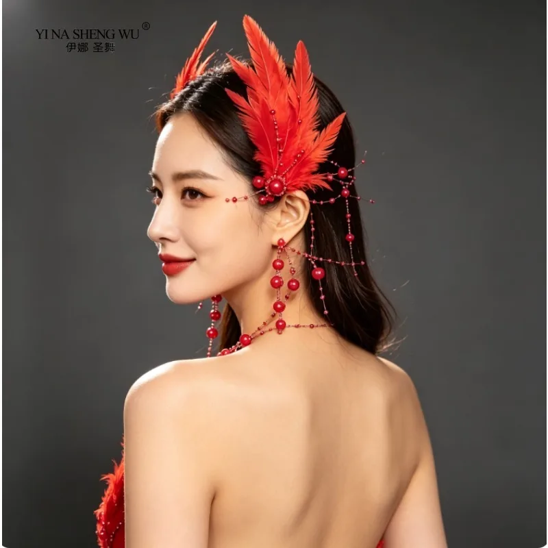 Red Feather Headdress Female Model Live Action Stage Performance Hair Accessories Dance Runway Party Atmosphere Accessories
