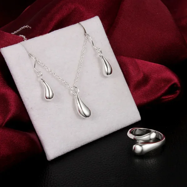 

Fashion 925 sterling silver water drop pendant necklace earring rings Jewelry set for woman Party wedding jewelry gift