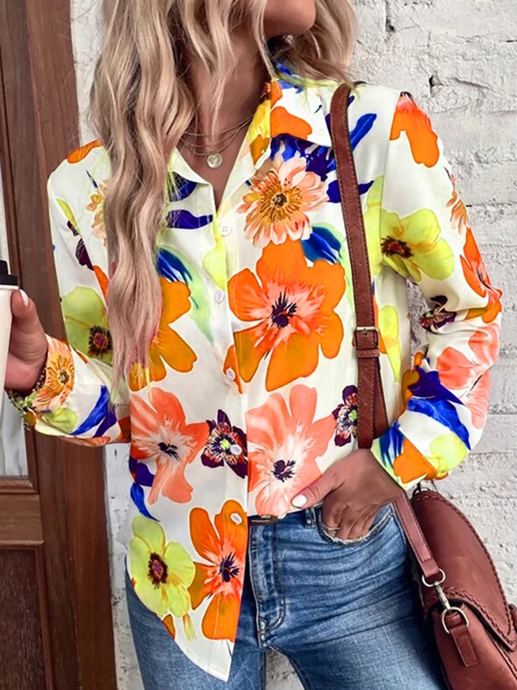 Casual Women Turn Down Collar Blouse Spring Autumn Femme Elegant Long Sleeve Top 2022 Loose Streetwear Open Stitch Shirt Blusa