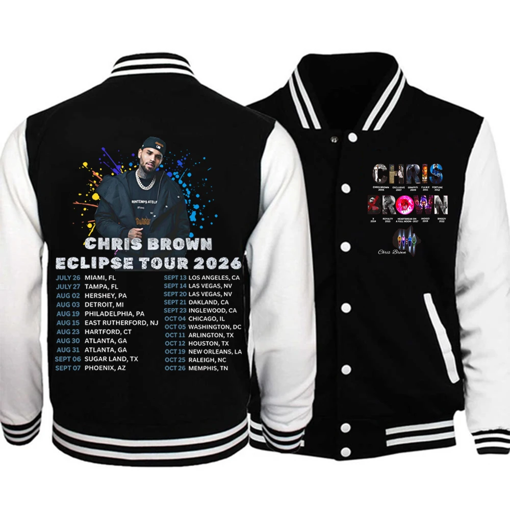 Jaqueta Moletom com Capuz de Beisebol Chris-Brown Eclipse Tour 2026 Harajuku Manga Longa Presente para Fãs