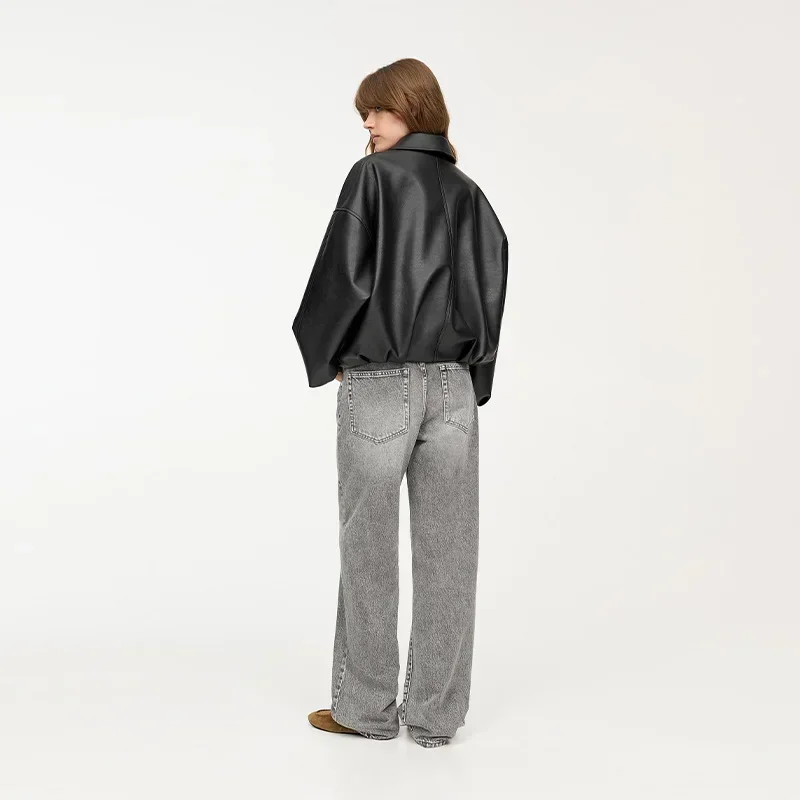 Moda feminina lapela jaqueta de couro do plutônio solto manga cheia zíper cinto rendas até casacos 2025 outono senhora casual streetwear