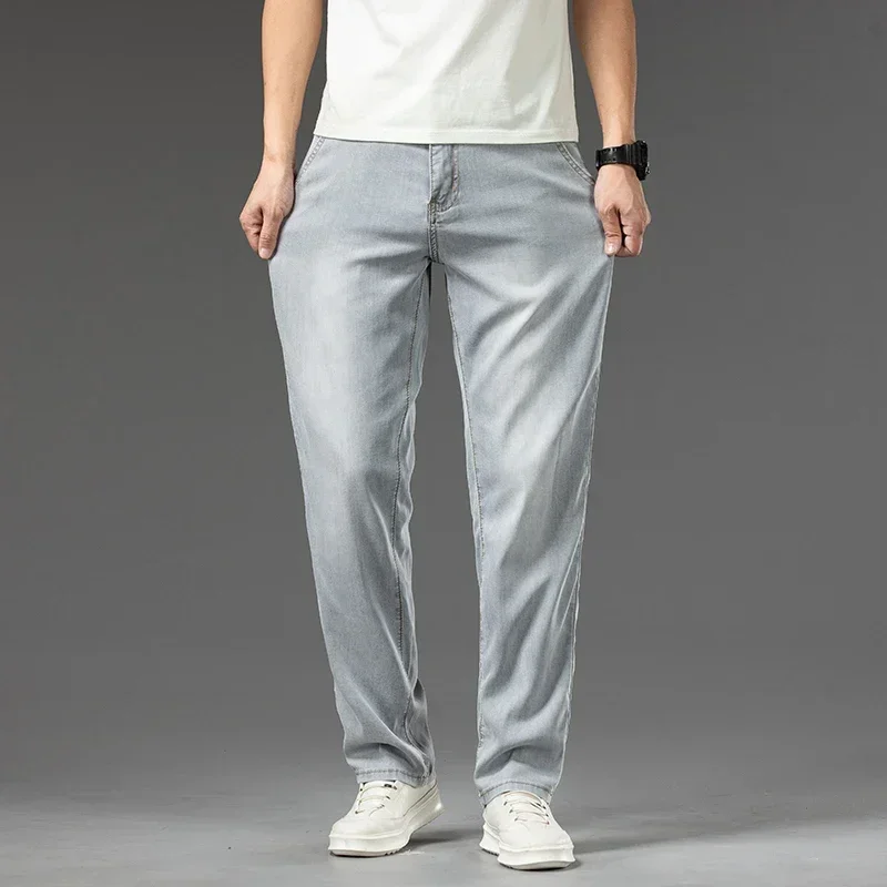 الرجال ليوسيل لينة رقيقة الجينز ضوء اللون مستقيم فضفاض بناطيل كاجوال الأعمال موضة الذكور الملابس مرونة الدينيم السراويل #2