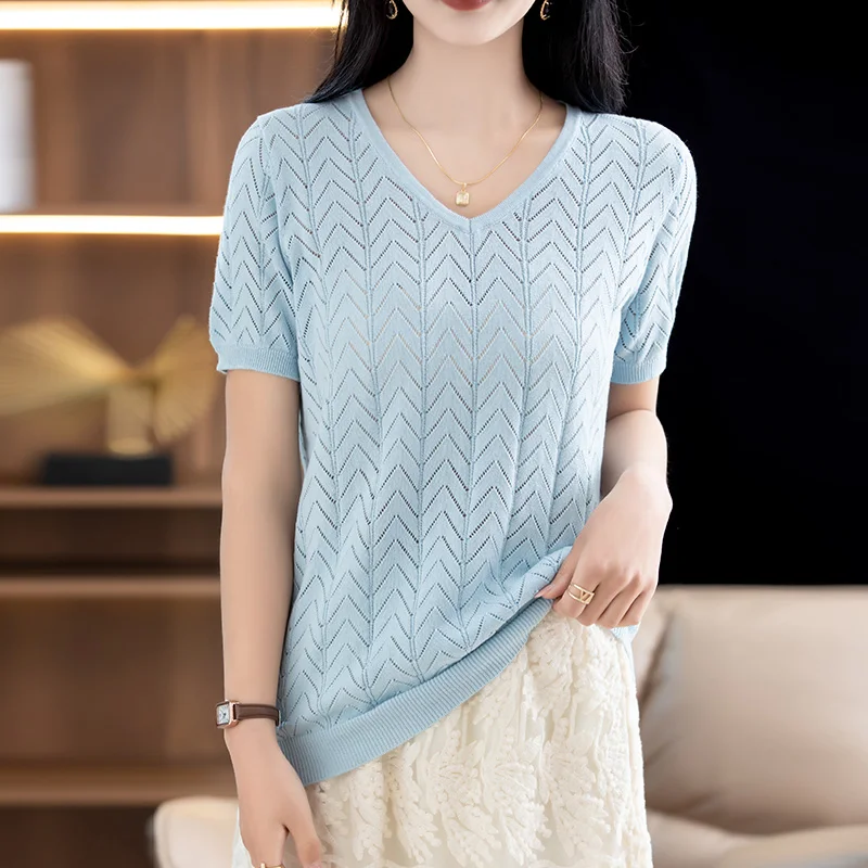 

Летняя женская футболка из 100% хлопка, повседневная, однотонная, ажурная, с коротким рукавом, свободного кроя, с V-образным вырезом, топ-жилетка.