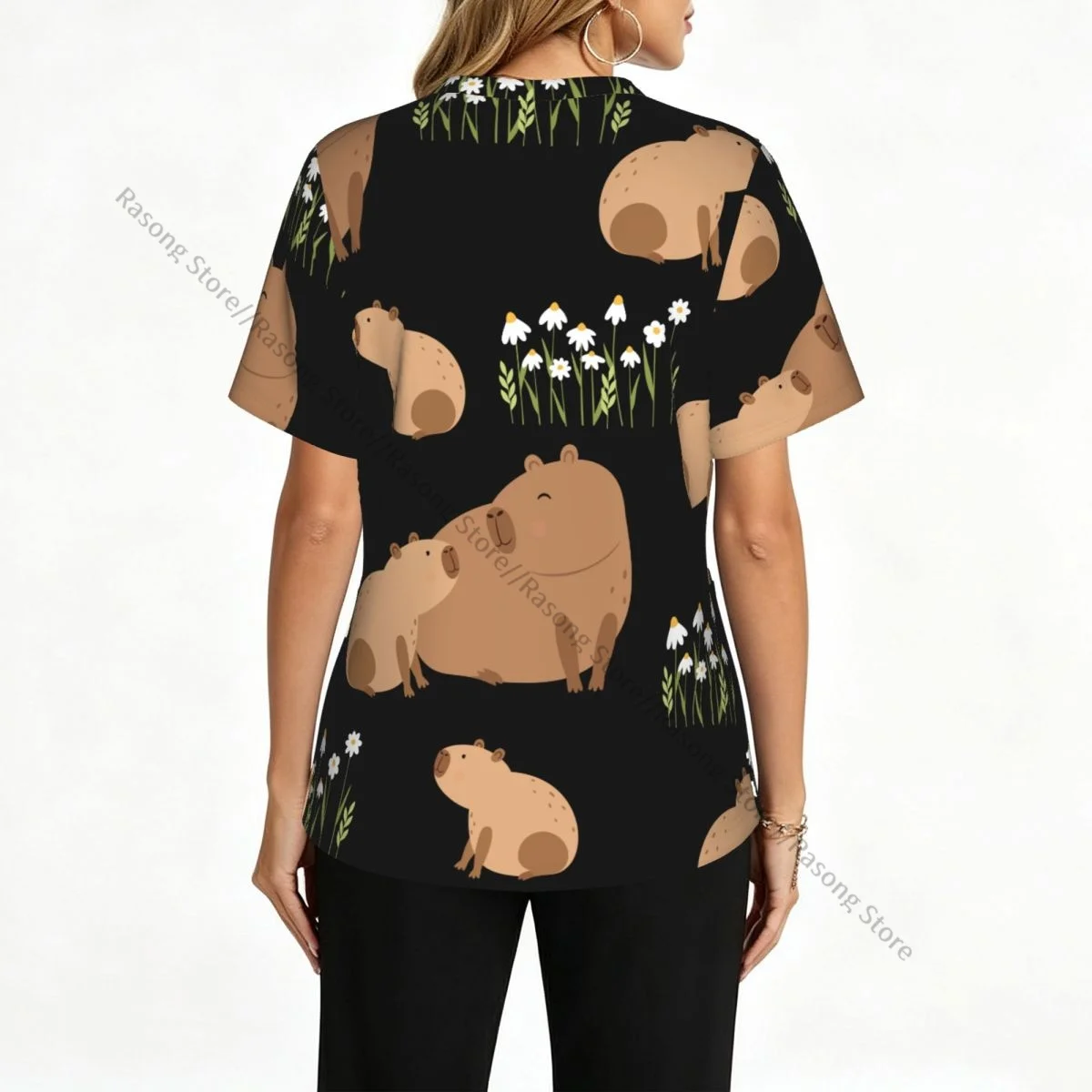 Women Scrubs Blouse Medical Nurse V-neck Clinical Scrubs Top Capybara Pattern Operating Room Work T-shirt