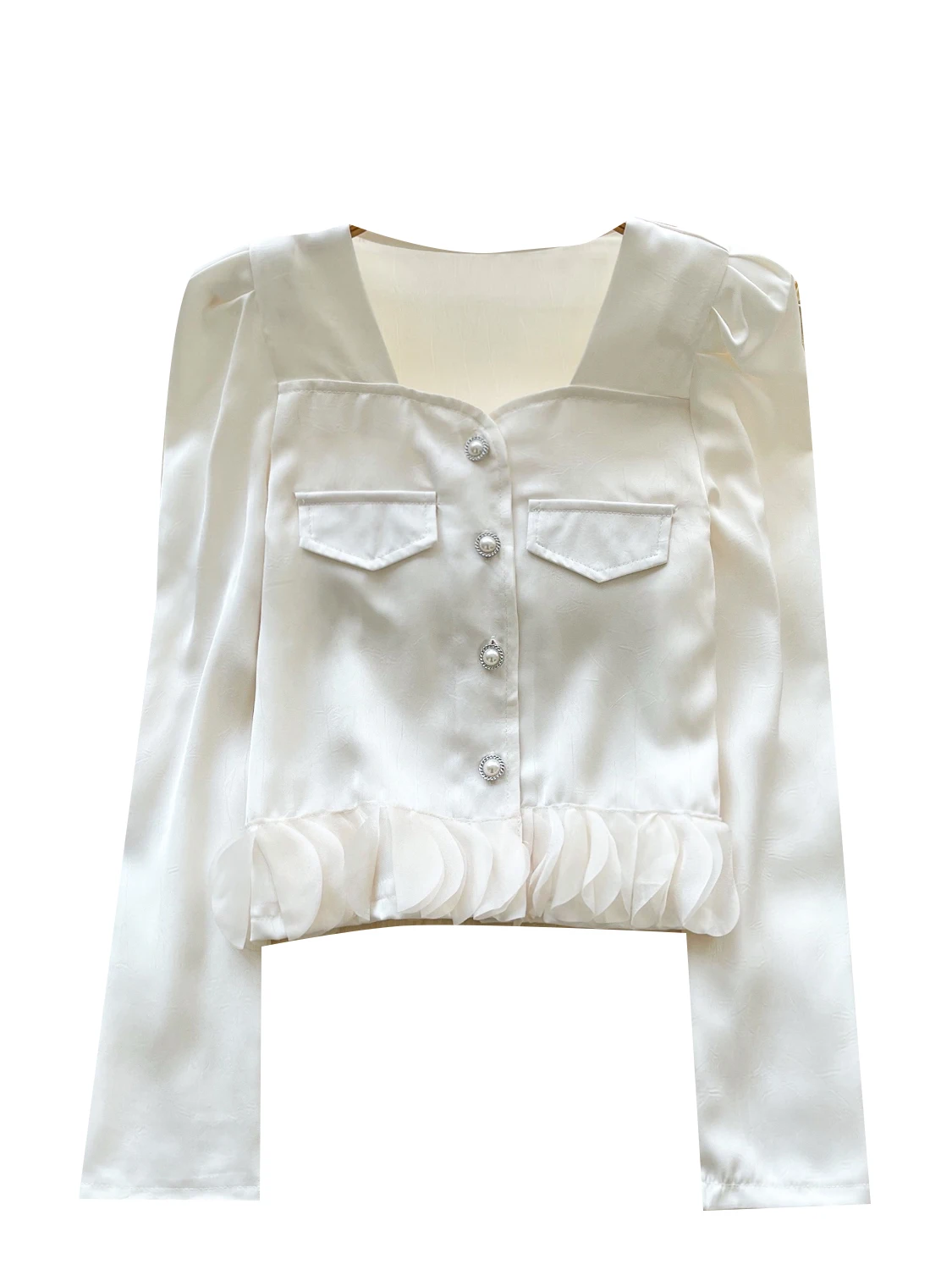 

Ele Long Sve Satin irt Women's Square Collar Slimming Versatile Chic Top French Sle Loose Fit Commute Suitable