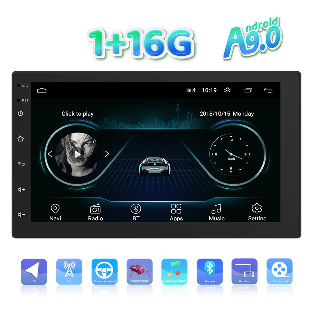 Podofo 1+16G Android Car Radio Mirror Link GPS Navigation Multimedia Player WIFI Bluetooth FM 1Din 7'' 2.5D HD 1080P Car Stereo