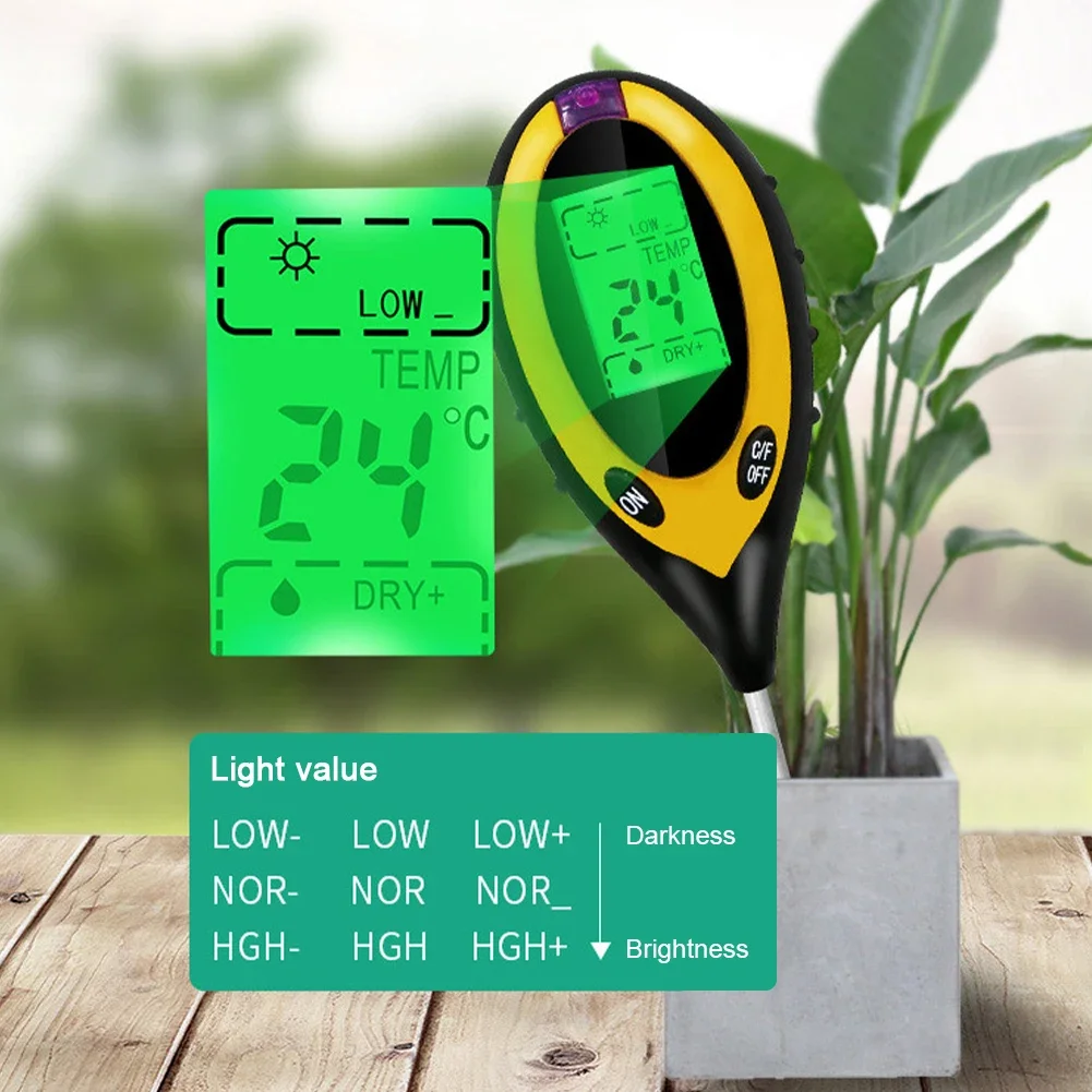 Professional Soil PH Meter 4 In1 LCD Temperature Humidity Sunlight Intensity PH Moisture Meter Garden Soil Tester for Plant Care