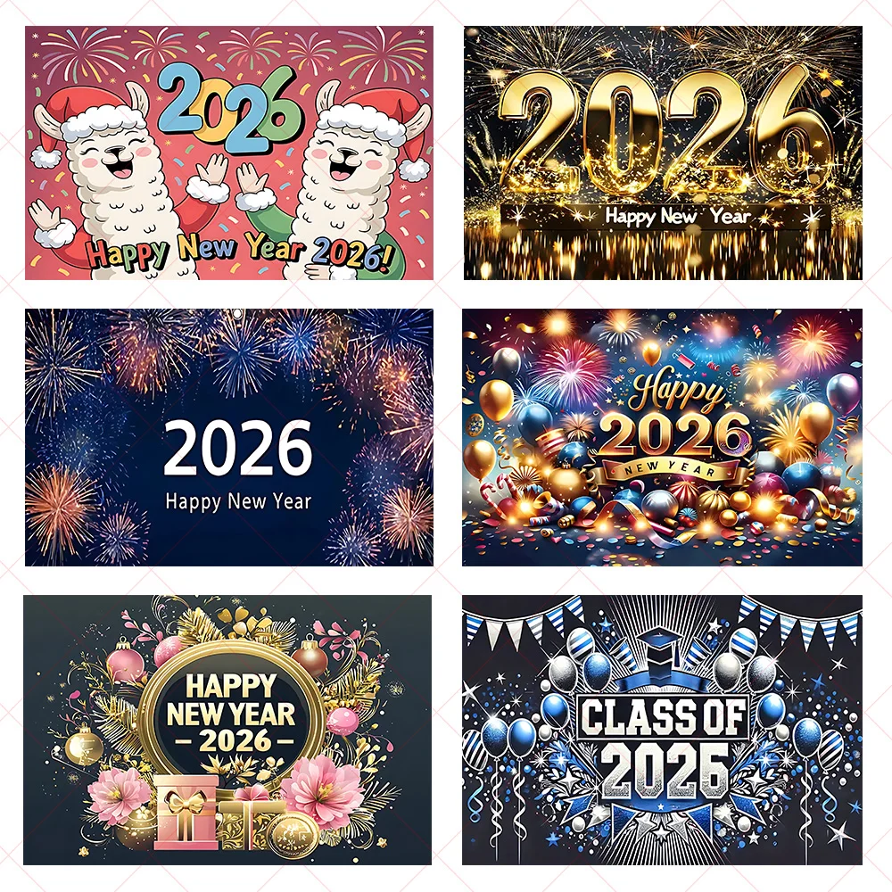 

2026 Happy New Year Party Background Banner Glitter Clock Champagne Backdrop Gold Balloon Home Party Decoration Photography Prop