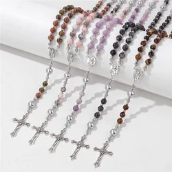 Natural Stone Cross Necklaces For Women Men Christ Jesus Christian Virgin Mary Charm Pendant Bracelet On Hand Religious Jewelry