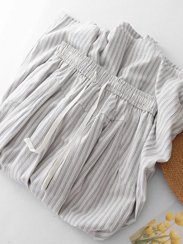 Blue Striped A-Line Skirt Women's Summer New Loose Slim Elastic Waist Belted Half-length Skirt Korean Anti-aging Style