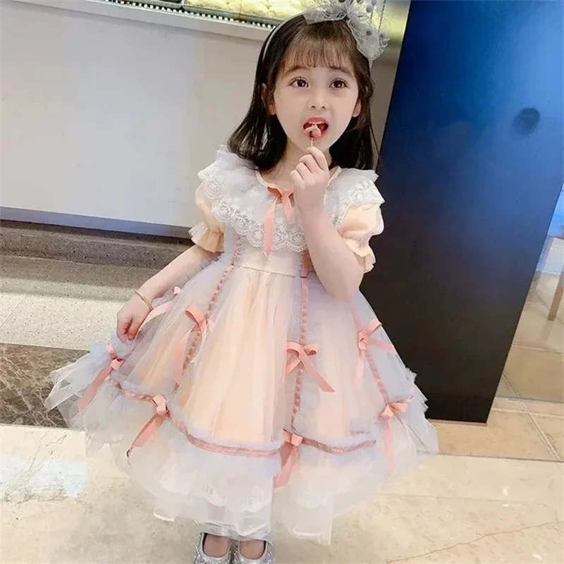 Girls Party Dress Summer Pink Elegant Princess Dress Kids Bow Lace Birthday Party Clothes 1-8 Years Lolita Pompon Dress