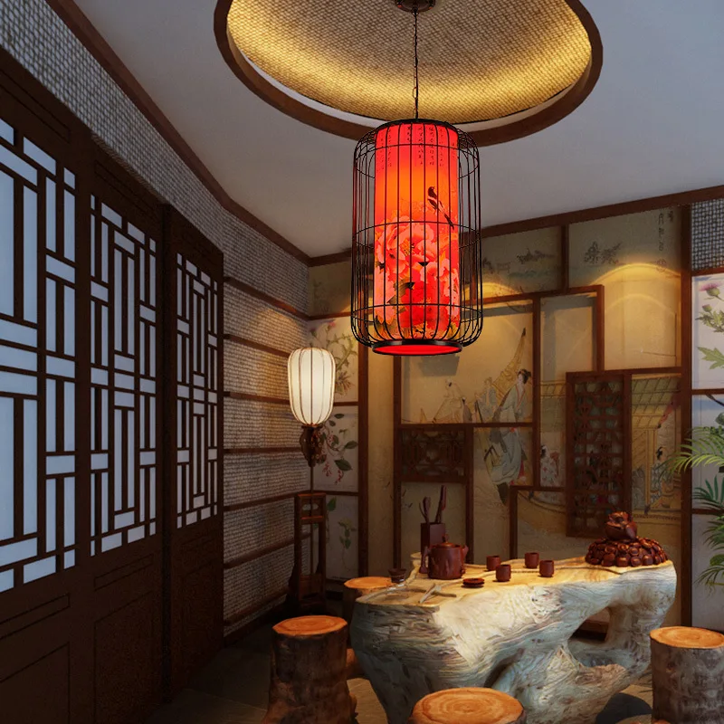 New Chinese wrought iron bird cage chandelier retro restaurant hot pot restaurant hotel bar creative hotel lantern teahouse lamp