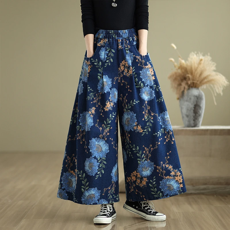 Large Size Denim Pants Wide Leg Elastic Waist Loose Casual Printed Flower Blue Jeans Women Autumn Winter Pocket Straight Jeans