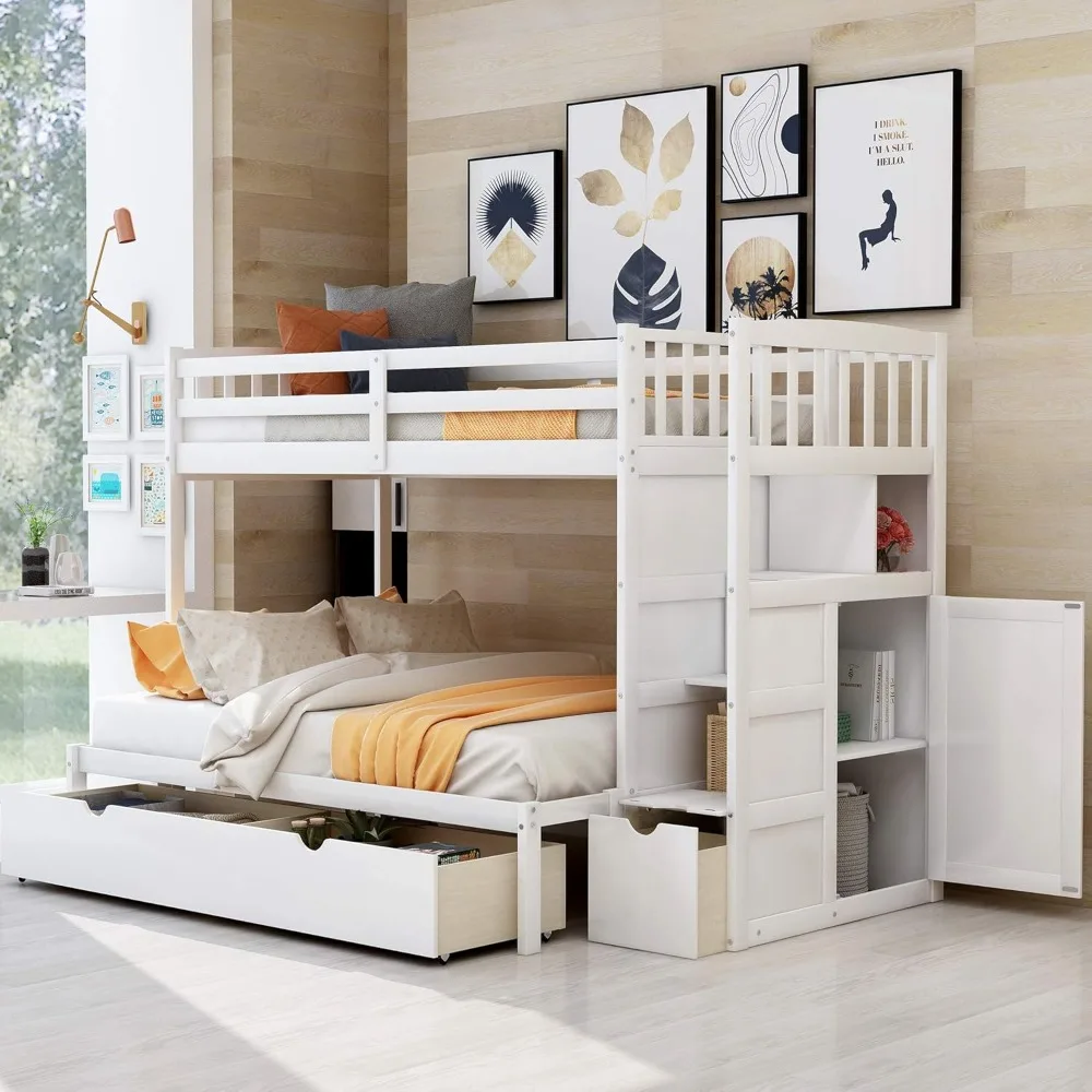 

White Twin Size Wood Bunk Bed with Pull Out Trundle and Storage Cabinet for Children, No Box Spring Needed