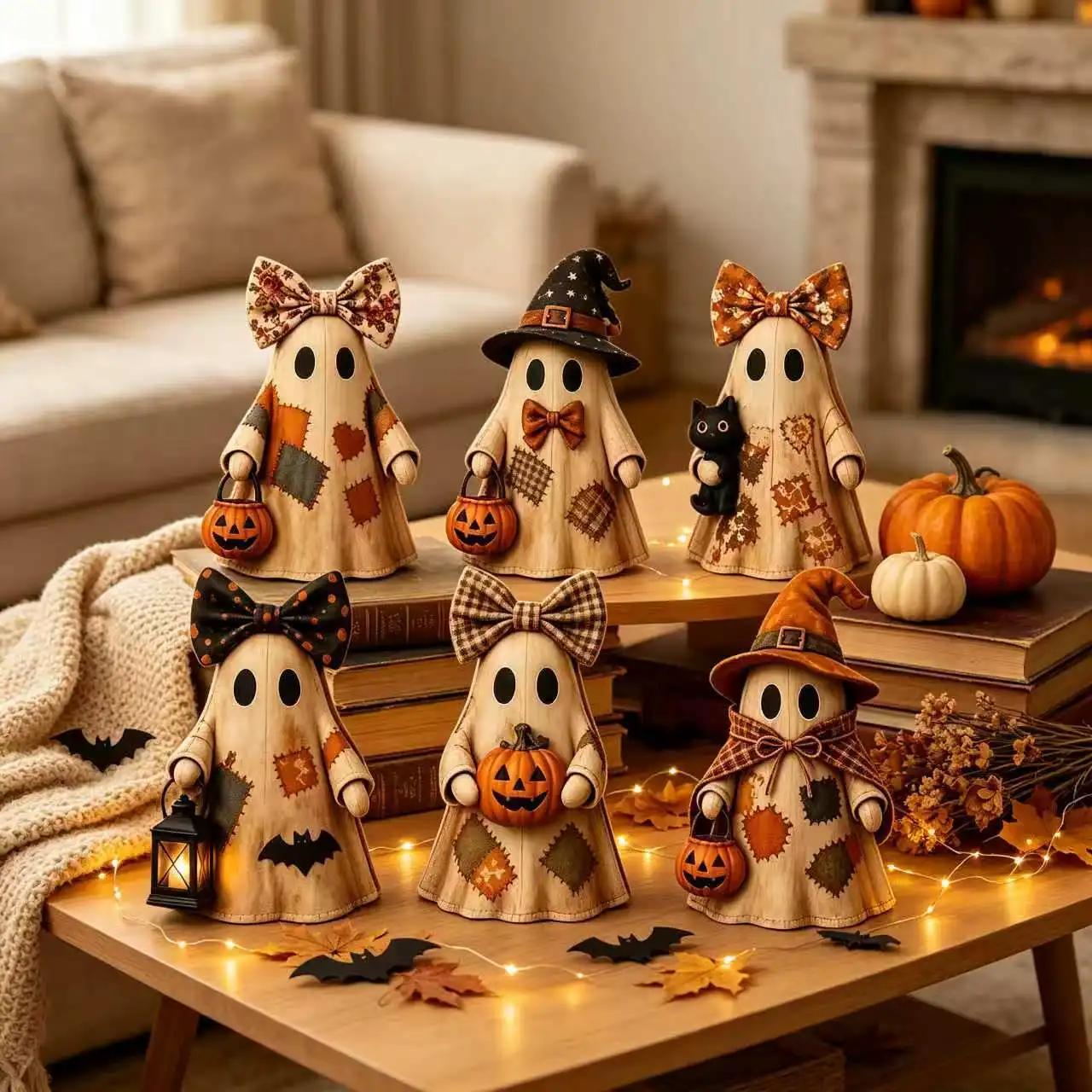 Retro Patchwork Ghost 2D Wooden Standing Plaque Halloween Home Desktop Decor Ornament