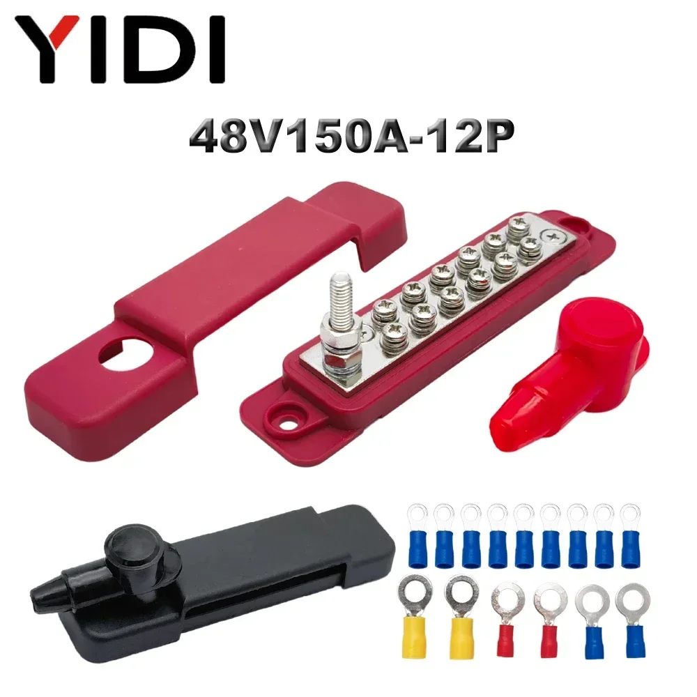 Red+Black Busbar Electric Battery Power Distribution Block Screw Terminal Stud M6 Bus Bar DC 48V 12P Wire Connector Car Boat