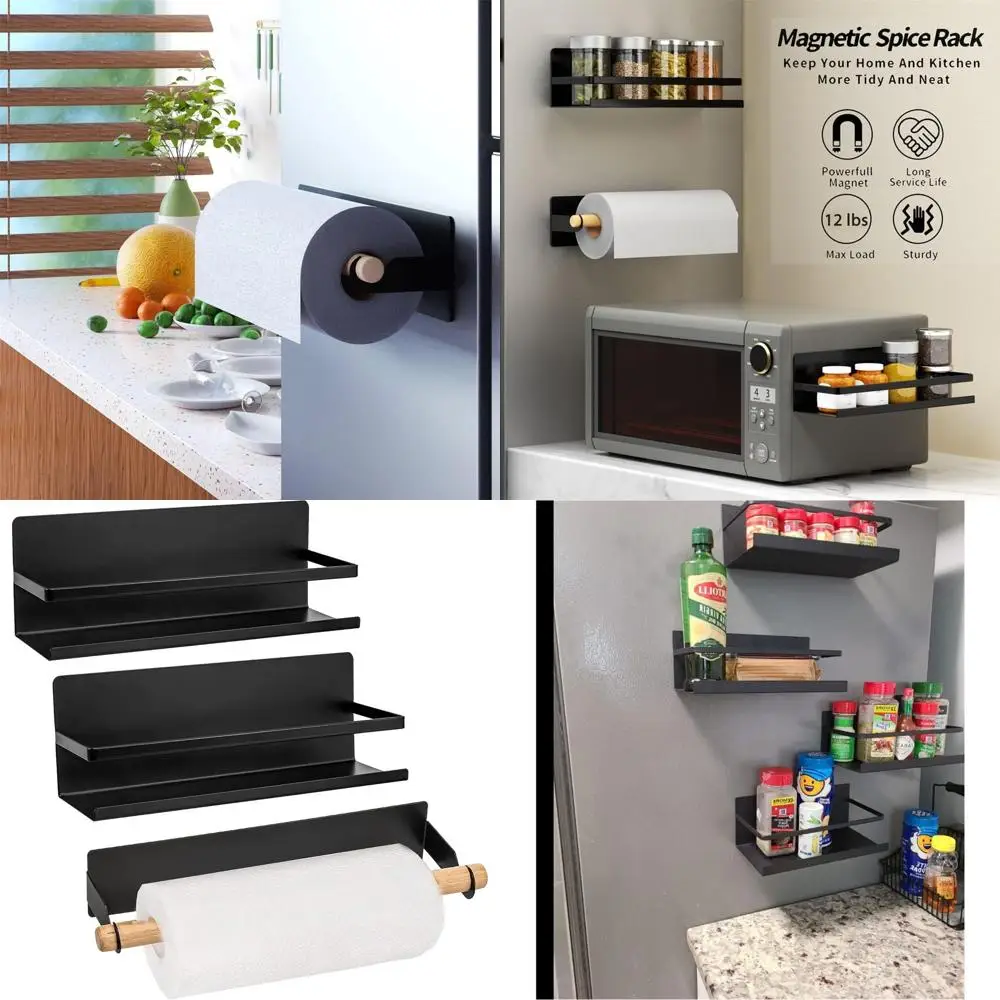 

Space-Saving Magnetic Spice Rack & Paper Towel Holder for Kitchen, Black, No Drilling Needed