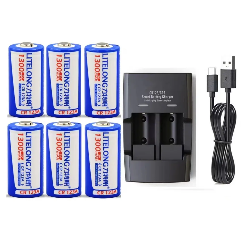 6pcs/lot 3.0v CR123A Rechargeable Battery LiFePO4 1300mAh Lithium Battery with Smart CR2 CR123A Battery Charger