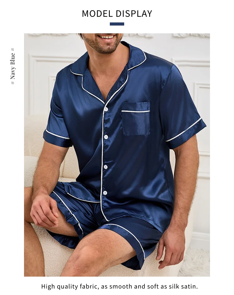 Herren-Pyjama-Set aus Satin, kurzärmelig, Sommer-Nachtwäsche für Herren, Button-Down-Hemd und Shorts mit elastischer Taille, Pyjama, Heimkleidung, 2-teilig – Detail 4