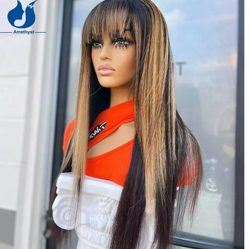 

Scalp Top Straight Highlight #27 Human Hair Wig with Bangs Full Machine Made Wig for Women Brazilian Remy Colored Hair Amethyst