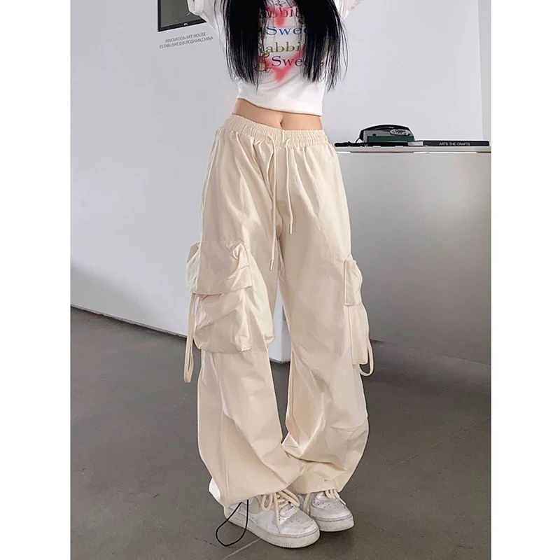 

American Cargo Pants Women 2024 New Casual Versatile Loose Straight Wide Leg Pants Solid Streetwear Trousers Female