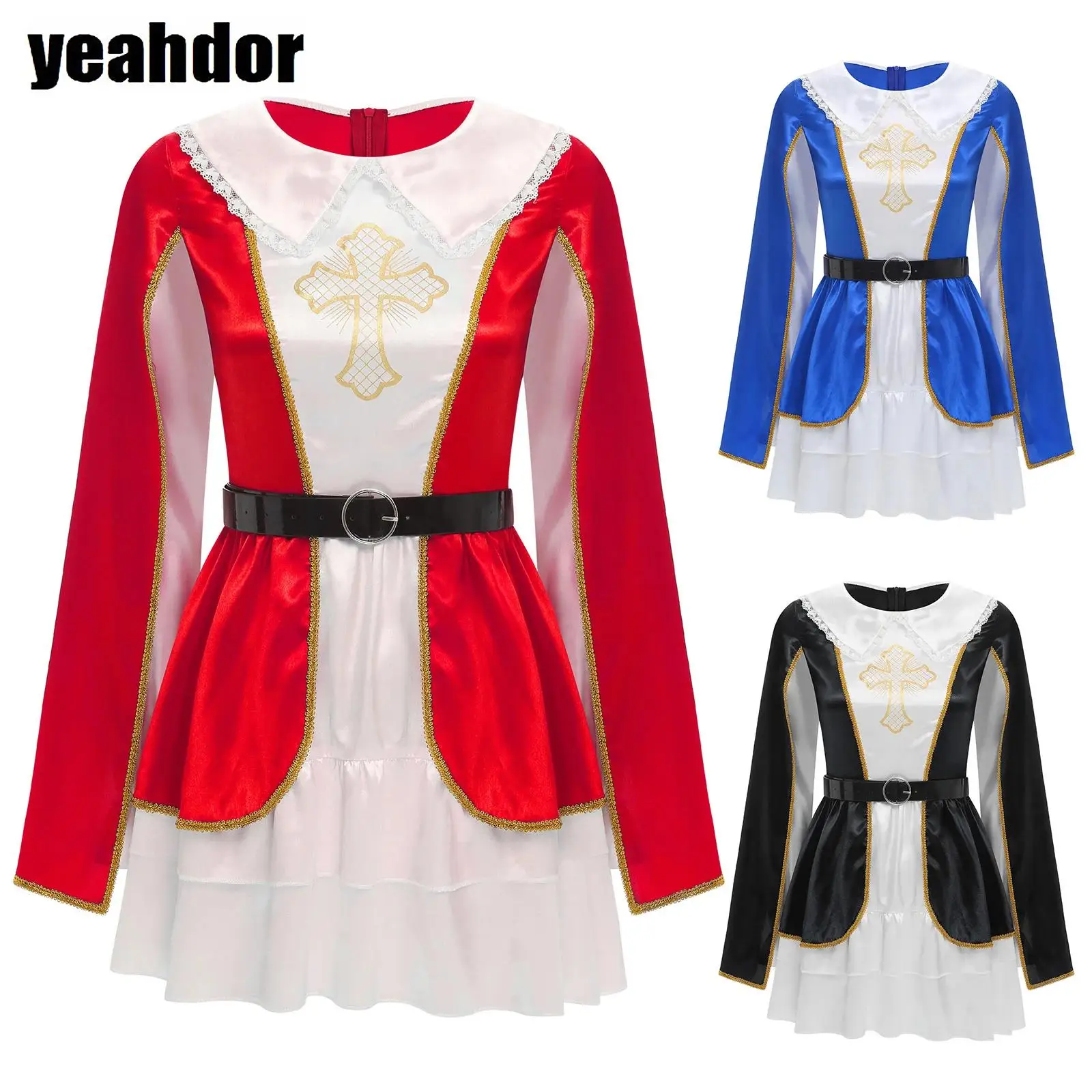 

Women Halloween Musketeer Cosplay Dress And Waist Belt Long Sleeve Praise Church Choir Dress for Carnivals Fancy Dress-up Party