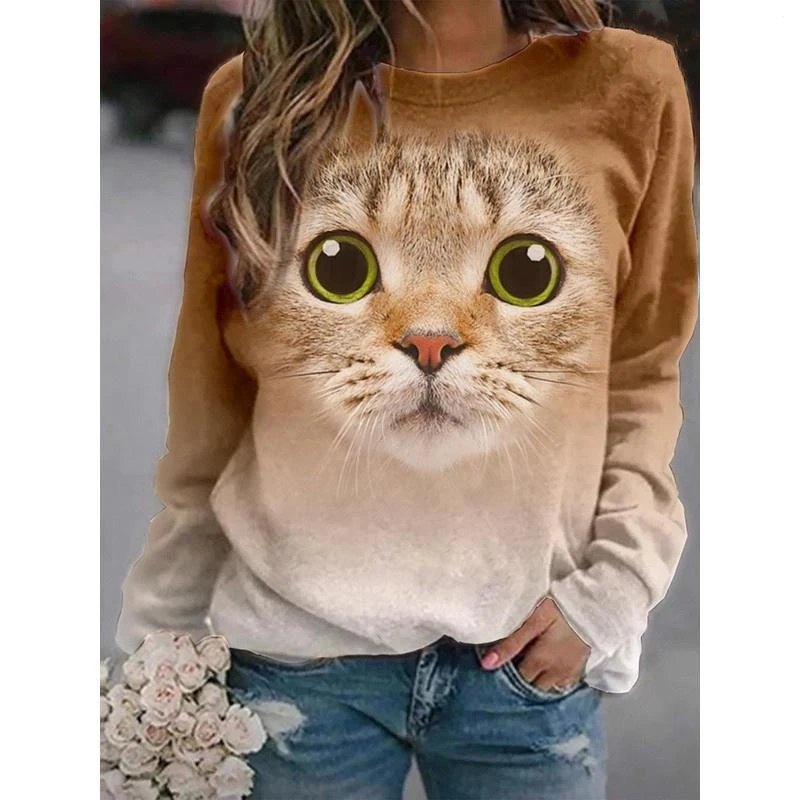 Autumn Cartoon Cat Sweatshirts Animal 3D Print Hoodies Women New Long Sleeve Y2k Hoodie Oversized Pullovers Tops Female Clothing