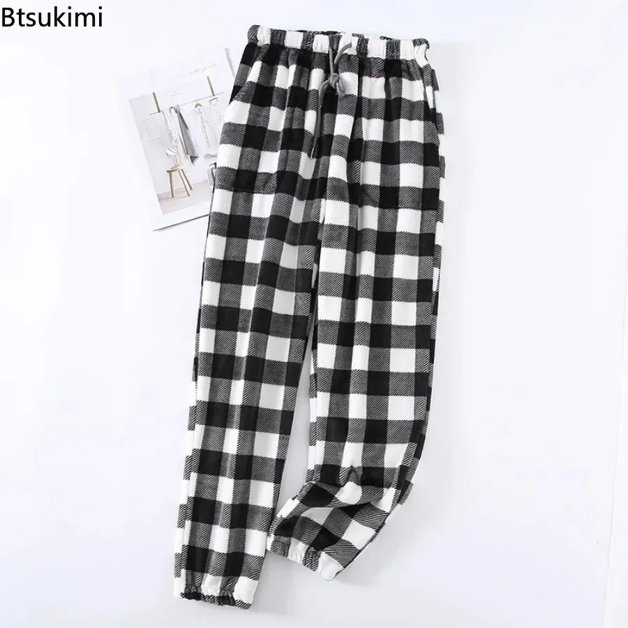 2024 Women\'s Warm Pajama Trousers Autumn Winter Coral Fleece Thick Plaid Warm Pants Men\'s Flannel Home Pants Loose Lounge Wear