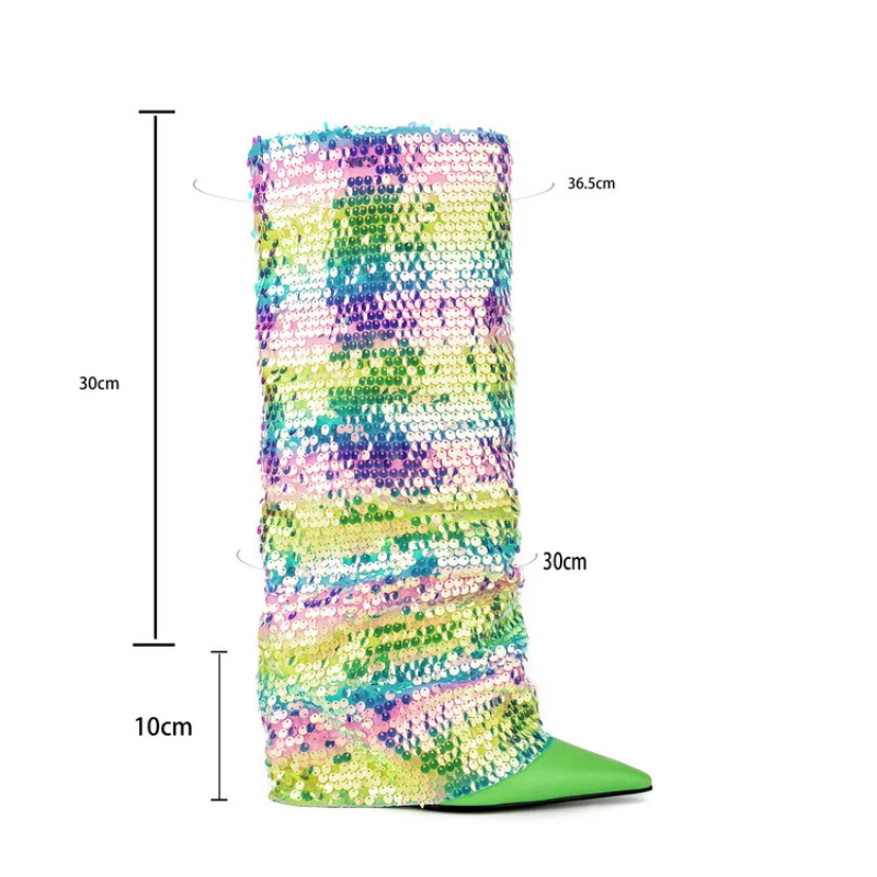 Colorful Sequins Women's High Boots Pointed Anti-skid Boots Women's Sexy Slope Heel Party Shoes Autumn and Winter New