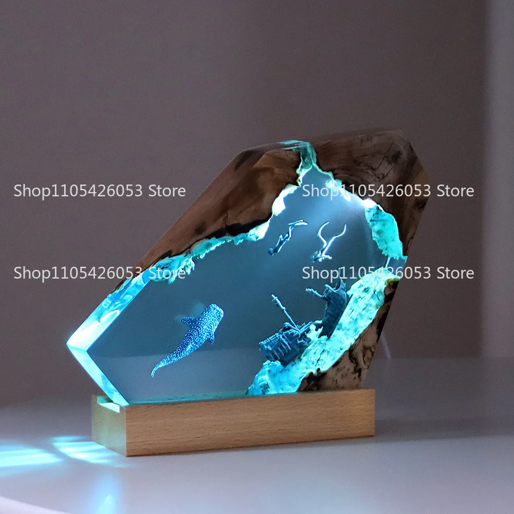 Desktop creative marine art ornament gift sunken humpback whale solid wood resin lamp