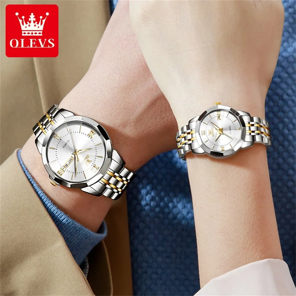 OLEVS-Reloj de pareja para hombre y mujer, accesorio de marca de lujo, resistente al agua, con espejo de rombos, para amantes, romántico, Semana de citas, 9989