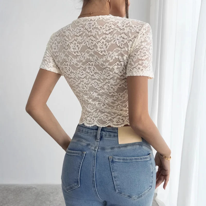 2025Summer New Sexy LaceVCollarTWomen's Slim Fit Short Hot Girl Top