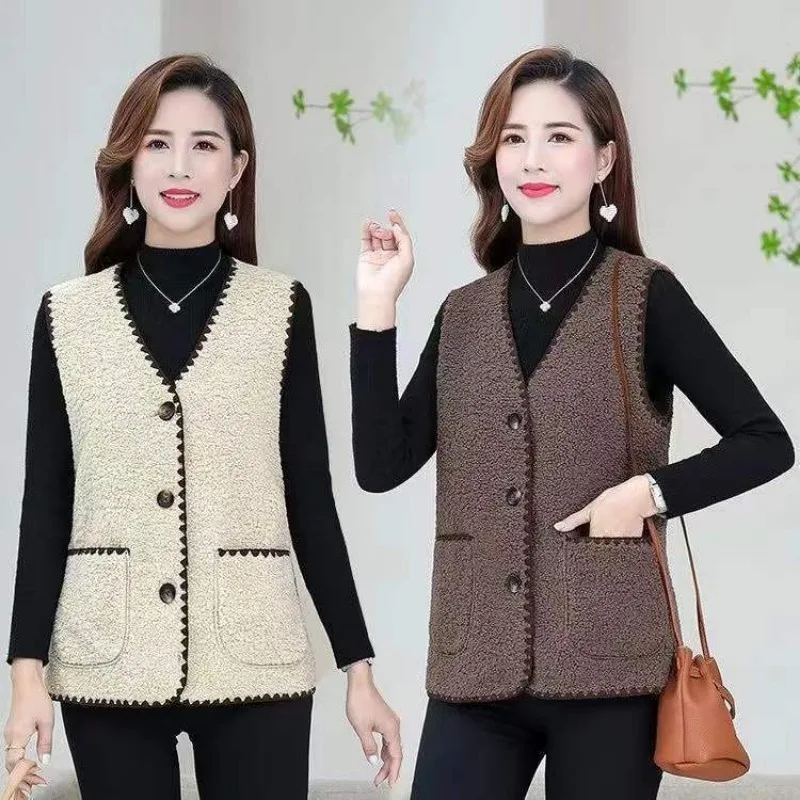 Herbst Winter Lamm Wolle Weste Frauen ärmellose Jacke Strickjacke Weste Einreiher Taschen Mode Streetwear solide neu