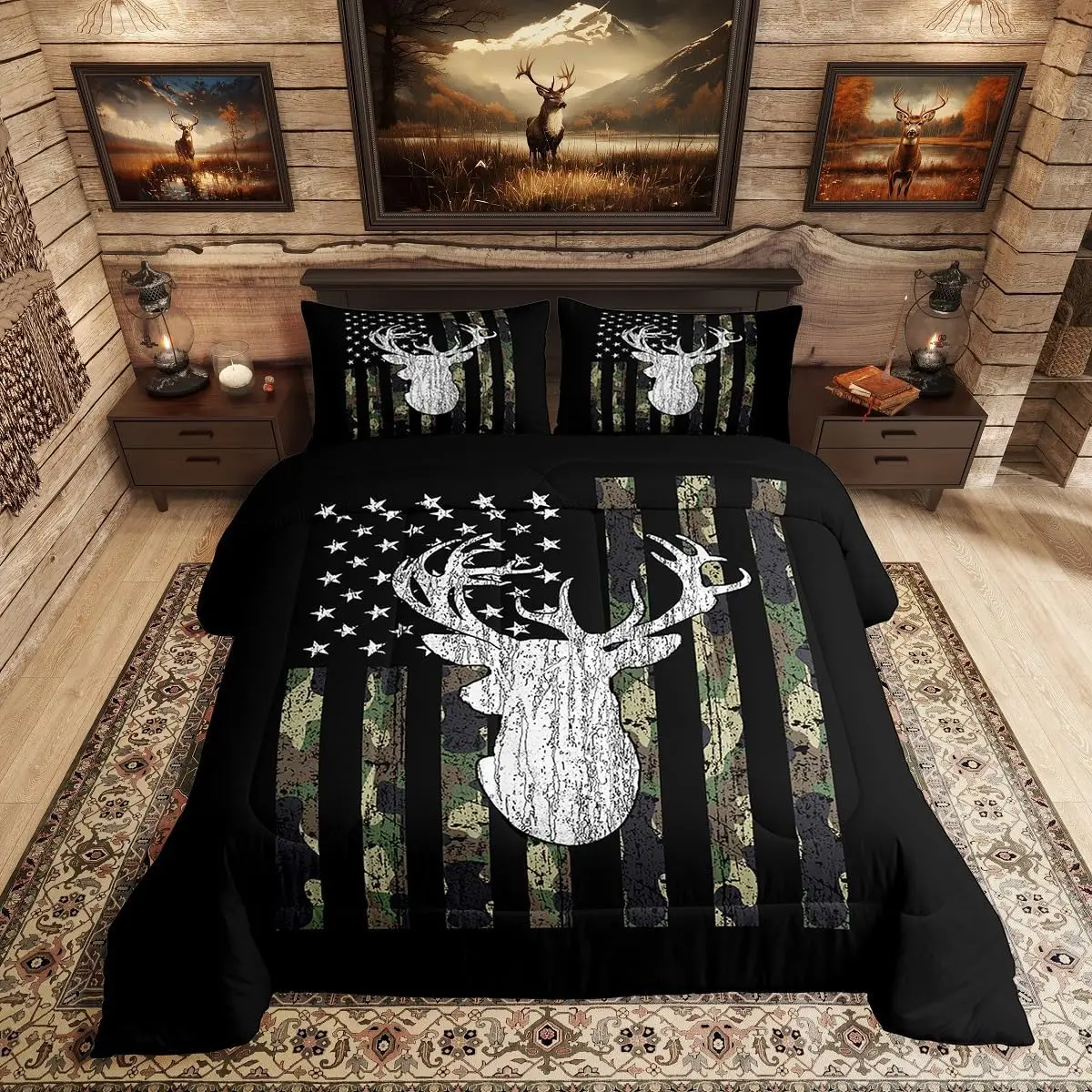Deer Camo Comforter Set Queen Antlers Hunting Camo Bedding Sets For Teen Boys Men Camouflage American Flag Bed Bedding Set