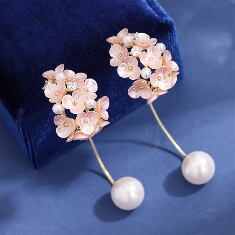 

Silver needle diamond-encrusted pearl flower tassel earrings French niche style fashionable light luxury earrings for women