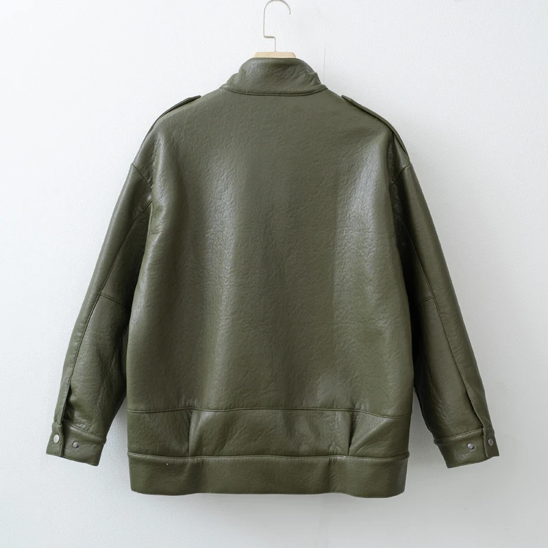 Women's Oversized Faux Leather Bomber Jacket with Stand Collar