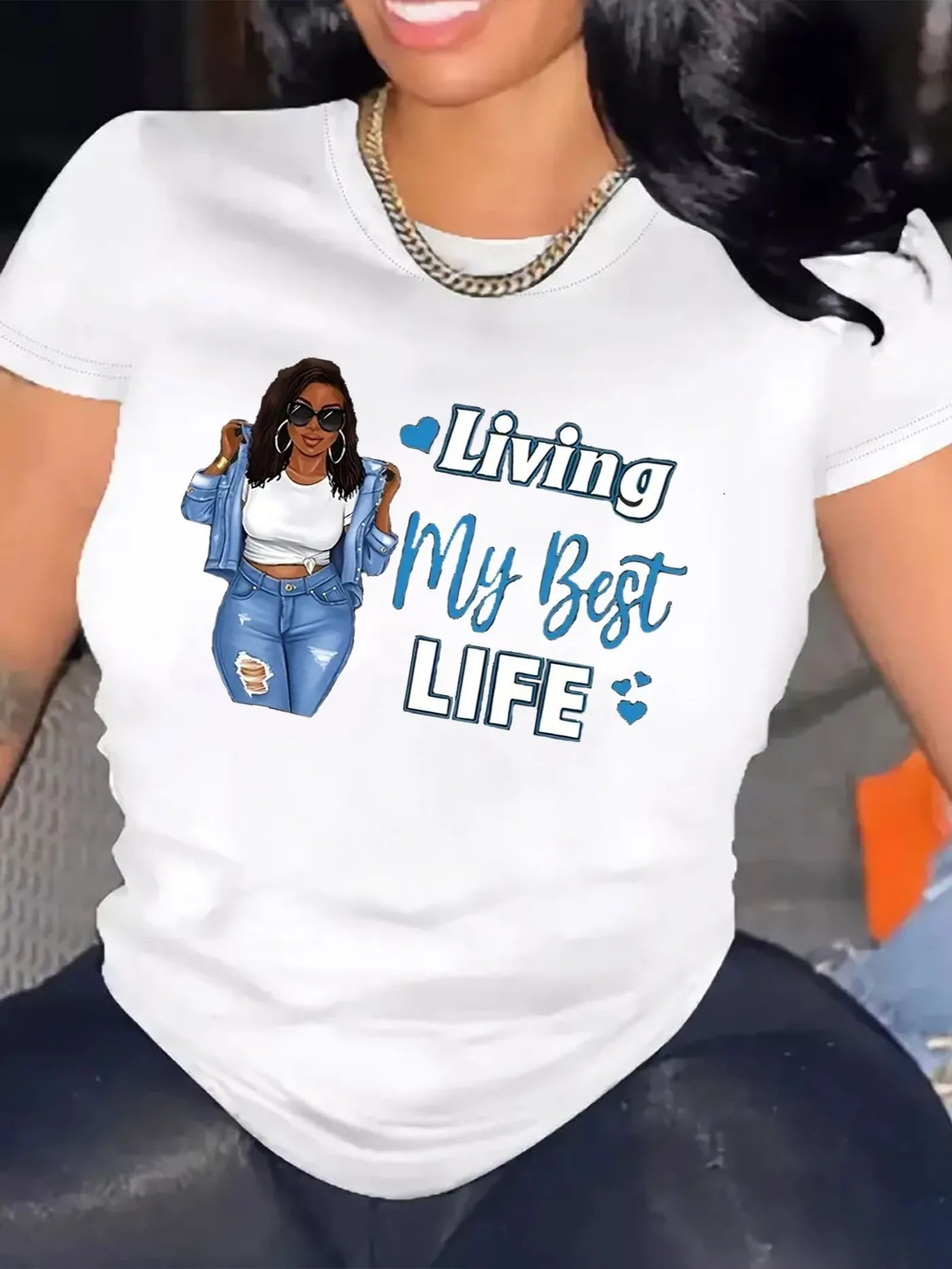 Living My Best Life Graphic T Shirt for Women Fashion Lady Character Heart Slogan Print Short Sleeve Casual Top Daily Streetwear
