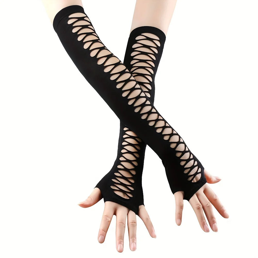 Women Fingerless Gloves Fishnet Hollow Cross Mesh Elastic Arm Warmers Punk Gothic Party Cosplay bar Sexy Lace Gloves Fingerless